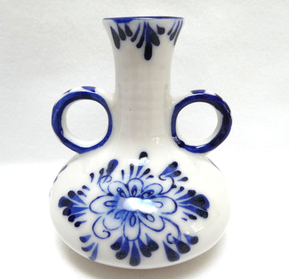 Vintage Delft Blue Hand Painted TWO-HANDLED MINIATURE VASE with Windmill & Flower Motif