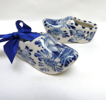Vintage 3-Inch Pair of Ceramic Dutch Clogs by Delft of Holland, with Single Blue Ribbon