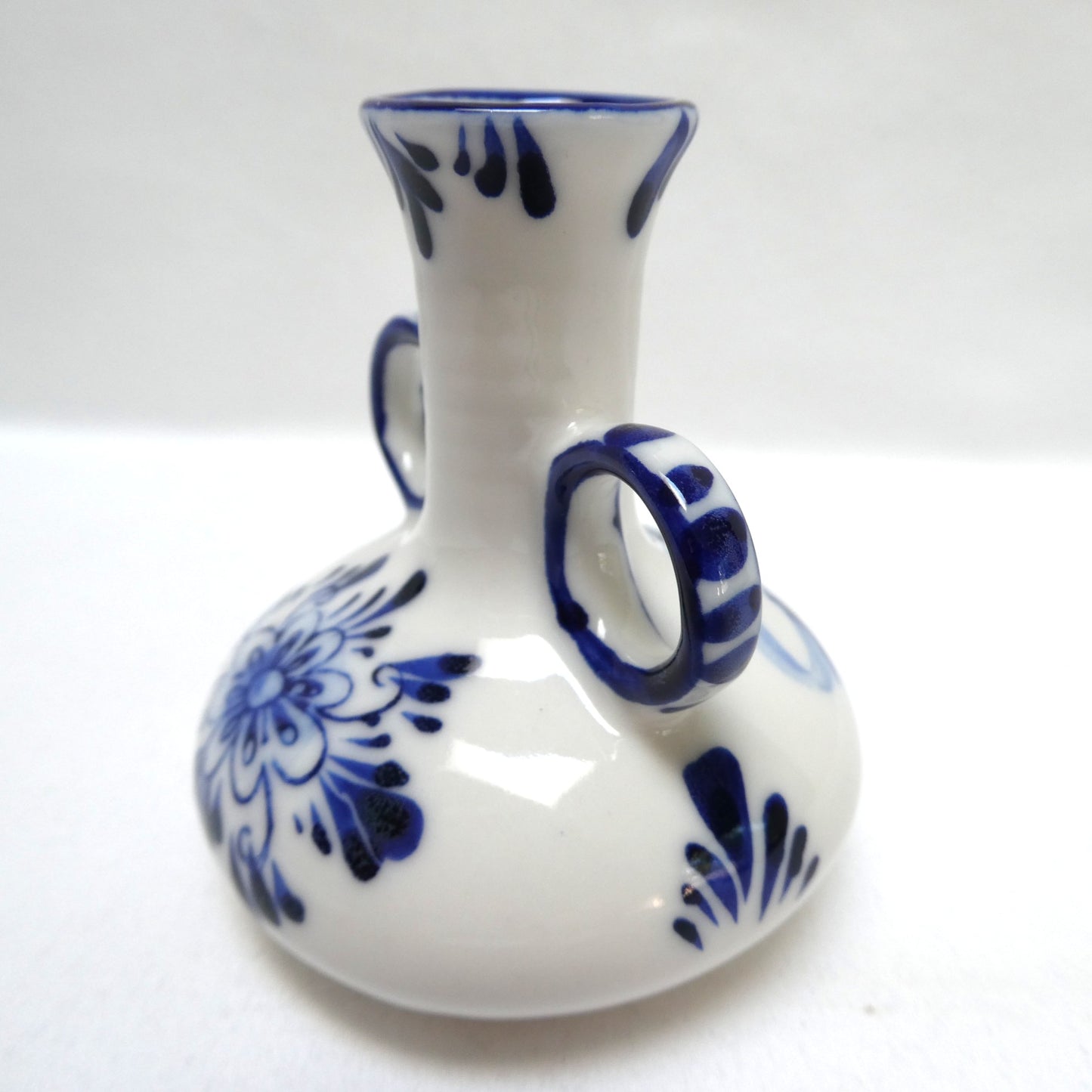 Vintage Delft Blue Hand Painted TWO-HANDLED MINIATURE VASE with Windmill & Flower Motif