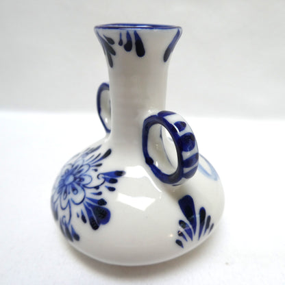 Vintage Delft Blue Hand Painted TWO-HANDLED MINIATURE VASE with Windmill & Flower Motif