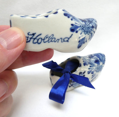 Vintage 3-Inch Pair of Ceramic Dutch Clogs by Delft of Holland, with Single Blue Ribbon