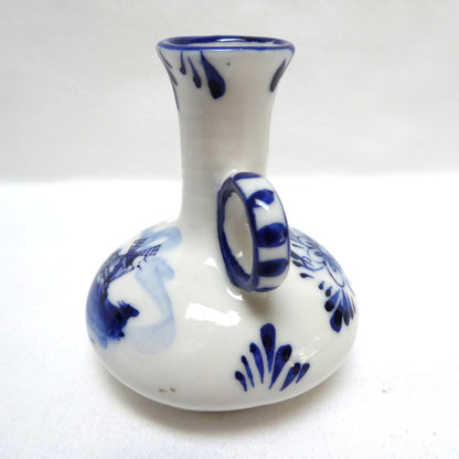Vintage Delft Blue Hand Painted TWO-HANDLED MINIATURE VASE with Windmill & Flower Motif