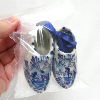 Vintage 3-Inch Pair of Ceramic Dutch Clogs by Delft of Holland, with Single Blue Ribbon