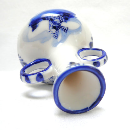 Vintage Delft Blue Hand Painted TWO-HANDLED MINIATURE VASE with Windmill & Flower Motif