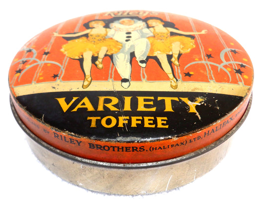 Vintage Tin Can Container, by RILEY'S VARIETY TOFFEE TIN of Halifax, England: 'The Vaudville Act'