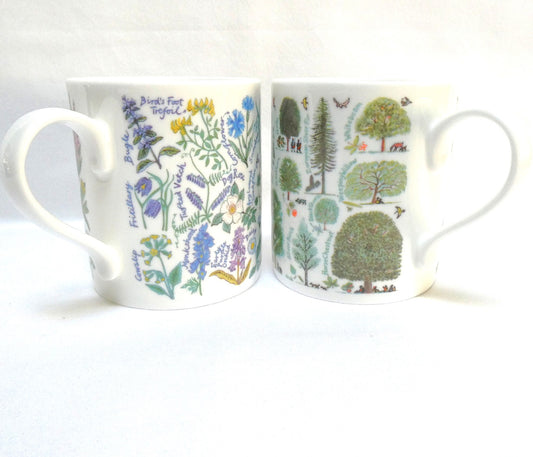 Vintage Pair of McLaggan Smith Mugs of Scotland: Featuring Two Different Picturemaps Botanical Illustrations by Pete and Marianne Smith.