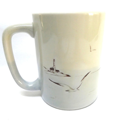 Otagiri Japanese Stoneware Coffee Mug Featuring an Embossed and Hand-Painted Canadian Maritime Coastal Fishing Village and Boat Scene