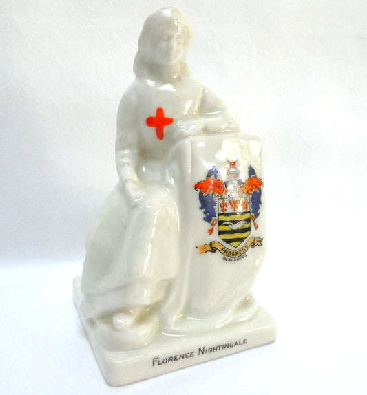 Antique FLORENCE NIGHTINGALE Crested China Figurine by Shelley of England, Featuring the Coat of Arms for Blackpool, England