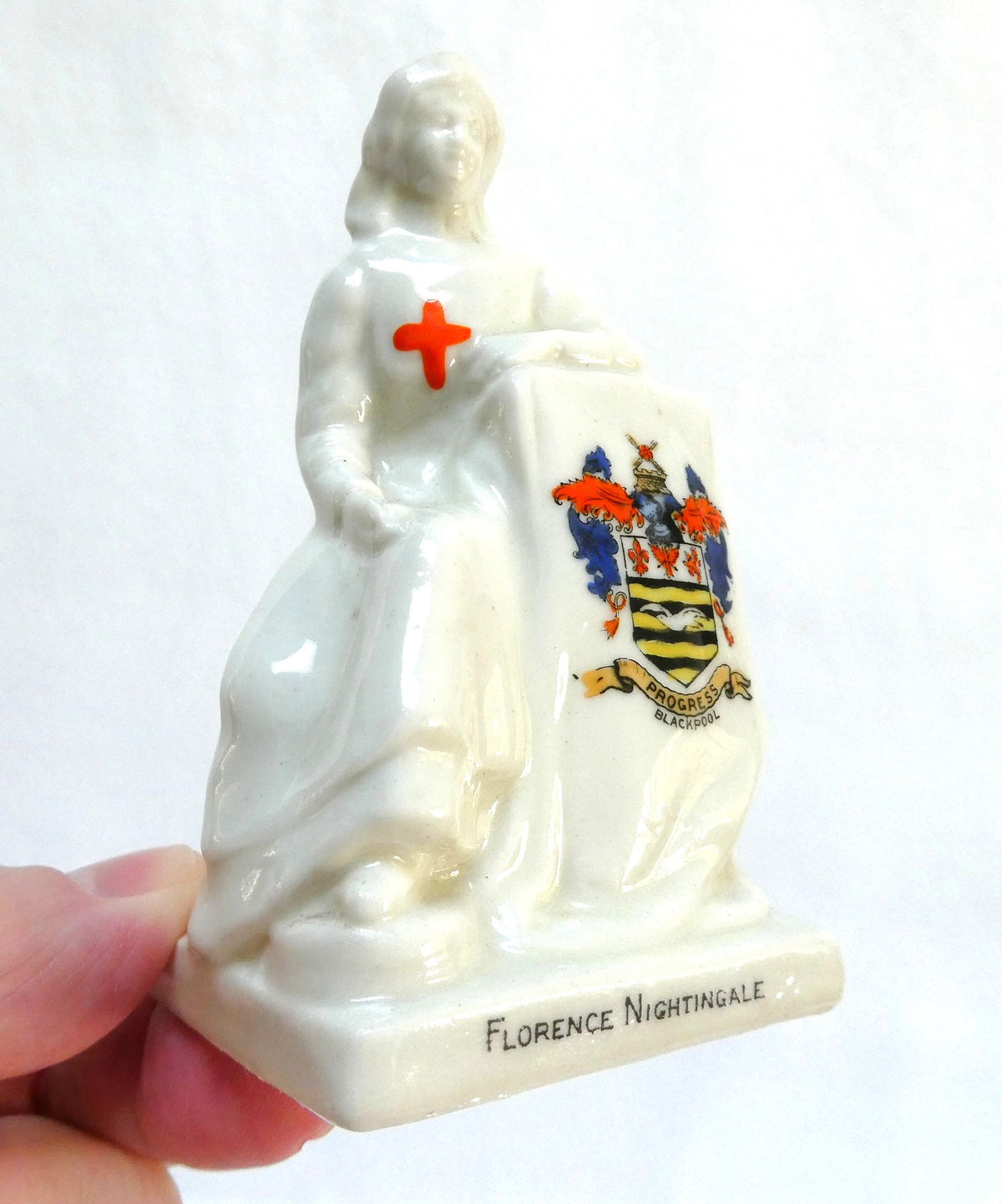 Antique FLORENCE NIGHTINGALE Crested China Figurine by Shelley of England, Featuring the Coat of Arms for Blackpool, England
