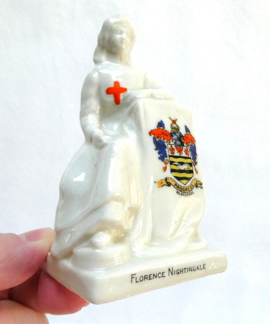Antique FLORENCE NIGHTINGALE Crested China Figurine by Shelley of England, Featuring the Coat of Arms for Blackpool, England