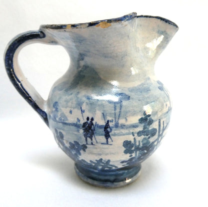 Mid Century Mediterranean Ceramic Creamer Pitcher: Featuring Rustic Abstract Floral Design in Cobalt Blue Brushwork