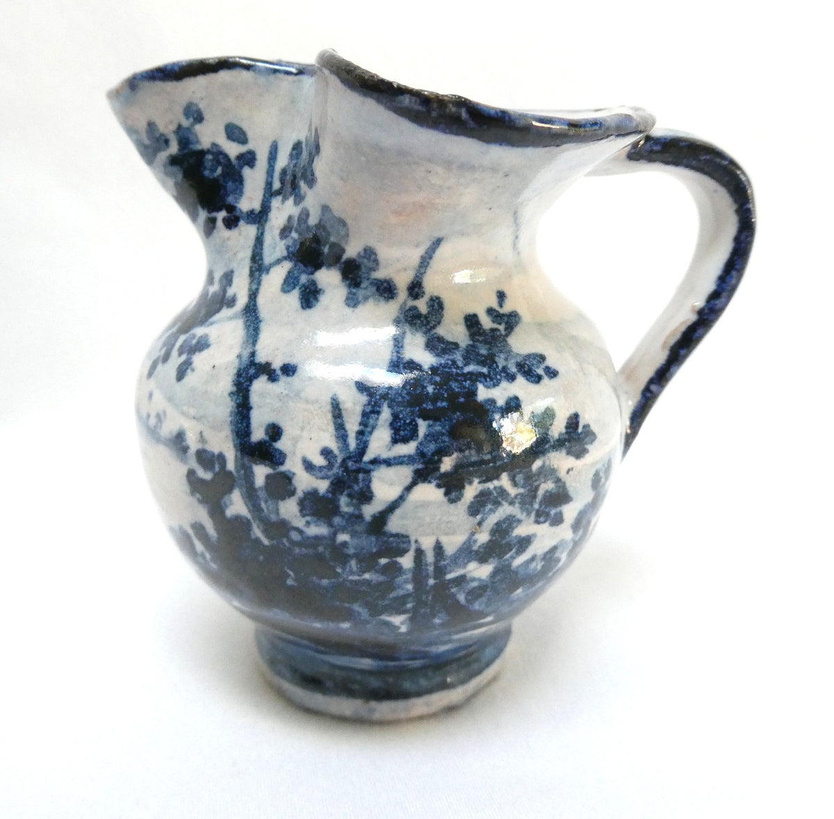 Mid Century Mediterranean Ceramic Creamer Pitcher: Featuring Rustic Abstract Floral Design in Cobalt Blue Brushwork