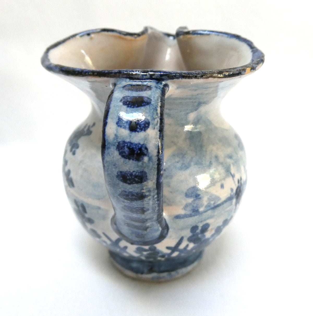 Mid Century Mediterranean Ceramic Creamer Pitcher: Featuring Rustic Abstract Floral Design in Cobalt Blue Brushwork
