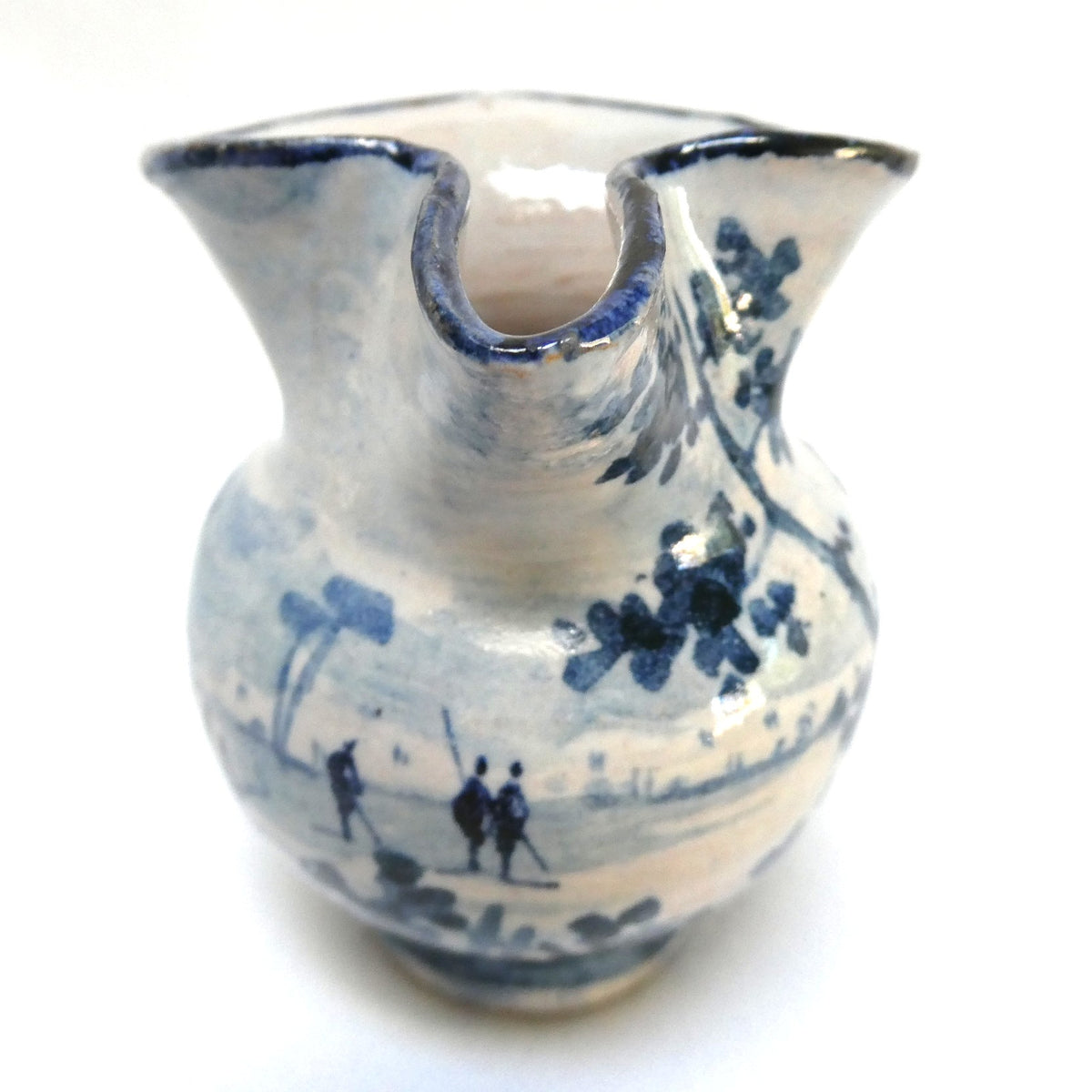 Mid Century Mediterranean Ceramic Creamer Pitcher: Featuring Rustic Abstract Floral Design in Cobalt Blue Brushwork