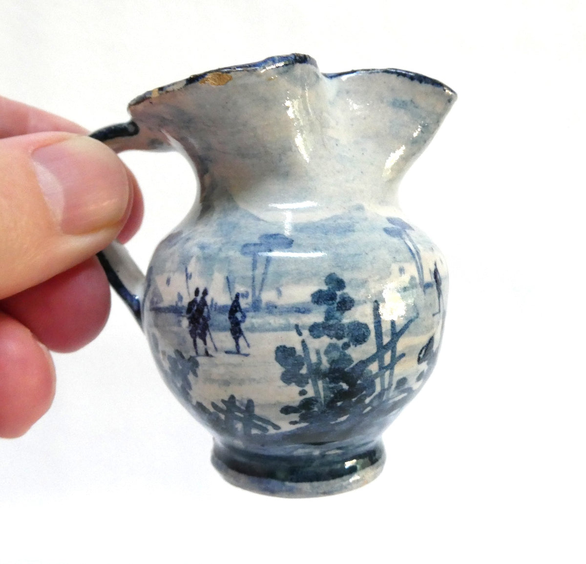 Mid Century Mediterranean Ceramic Creamer Pitcher: Featuring Rustic Abstract Floral Design in Cobalt Blue Brushwork
