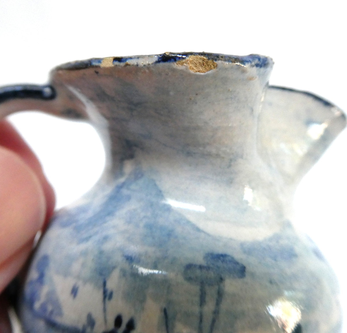 Mid Century Mediterranean Ceramic Creamer Pitcher: Featuring Rustic Abstract Floral Design in Cobalt Blue Brushwork