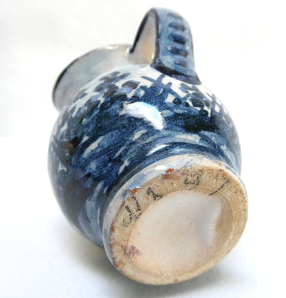 Mid Century Mediterranean Ceramic Creamer Pitcher: Featuring Rustic Abstract Floral Design in Cobalt Blue Brushwork