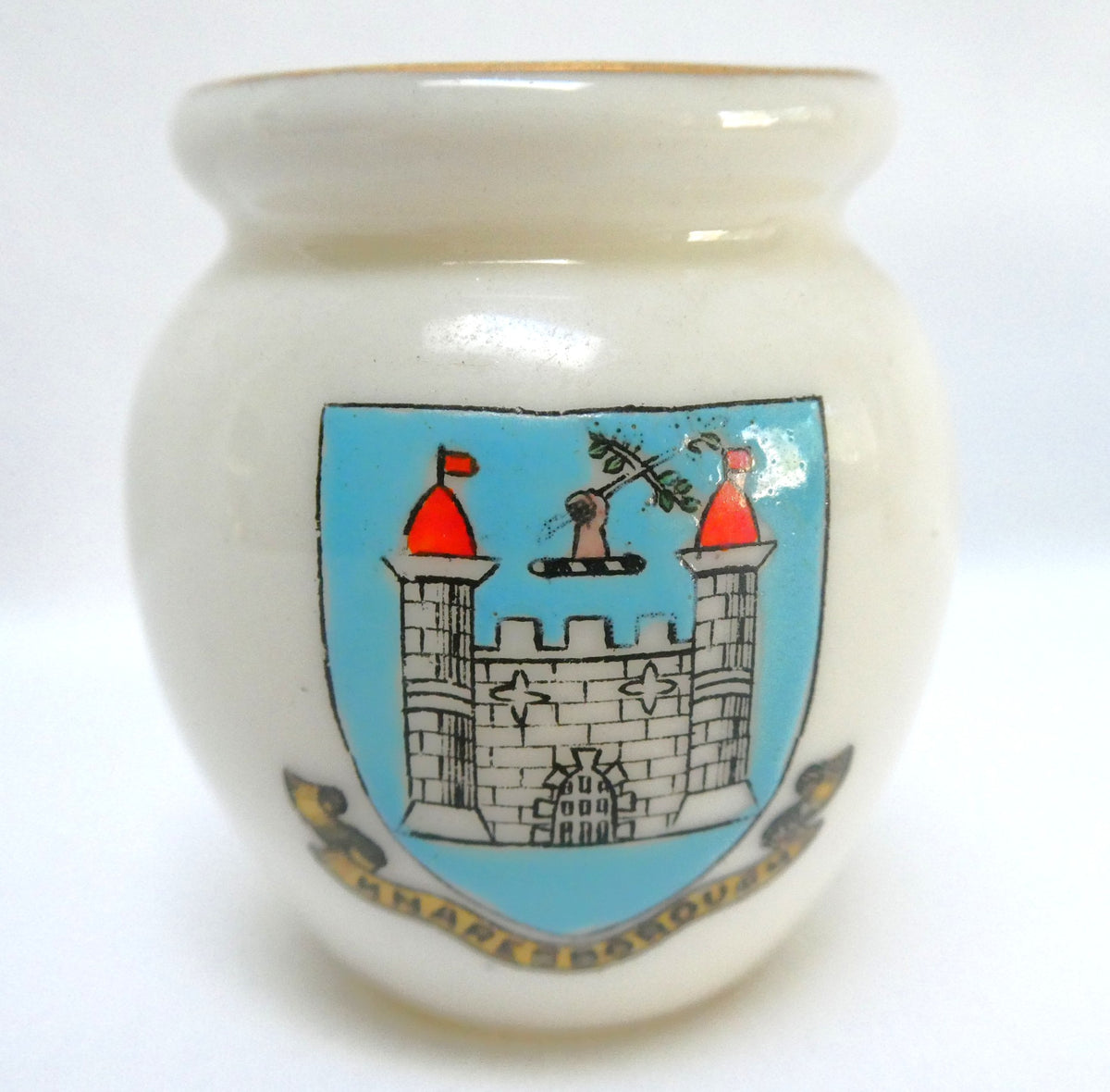 Antique Arcadian Miniature White Porcelain Pot or Vessel Made by Arkinstall & Sons: Featuring Knaresborough Castle in North Yorkshire