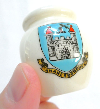 Antique Arcadian Miniature White Porcelain Pot or Vessel Made by Arkinstall & Sons: Featuring Knaresborough Castle in North Yorkshire