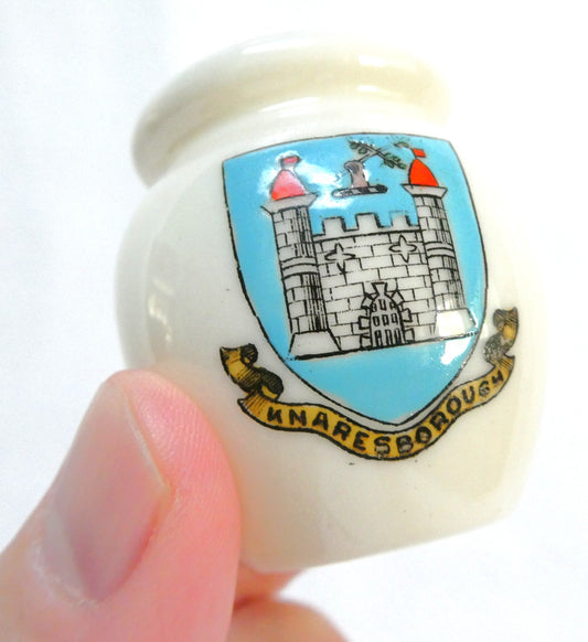 Antique Arcadian Miniature White Porcelain Pot or Vessel Made by Arkinstall & Sons: Featuring Knaresborough Castle in North Yorkshire