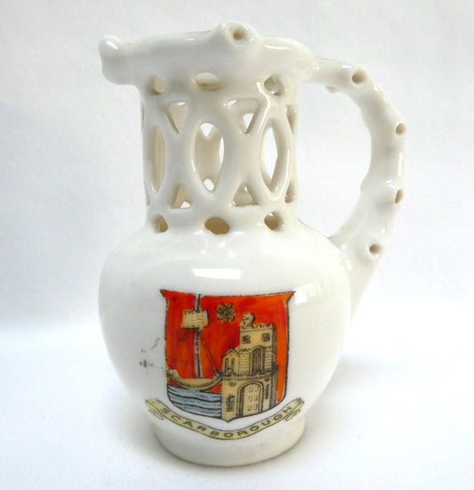 Vintage Miniature Fine Porcelain Novelty Puzzle Jug by Gemma of Schmidt & Company: Featuring the Historic Coat of Arms of Scarborough, England