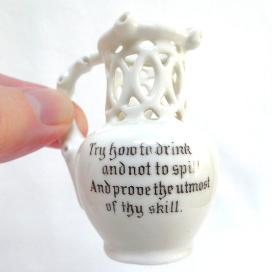 Vintage Miniature Fine Porcelain Novelty Puzzle Jug by Gemma of Schmidt & Company: Featuring the Historic Coat of Arms of Scarborough, England