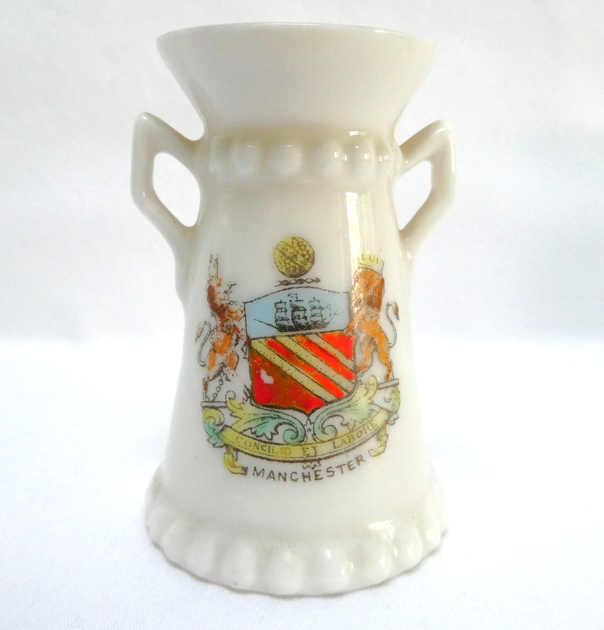 Vintage Miniature Two-Handled Vase or Urn by Gemma of Schnidt & Company: Featuring the Historic Coat of Arms of The City of Manchester