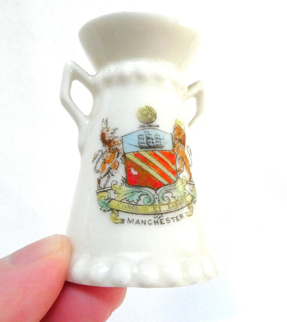 Vintage Miniature Two-Handled Vase or Urn by Gemma of Schnidt & Company: Featuring the Historic Coat of Arms of The City of Manchester