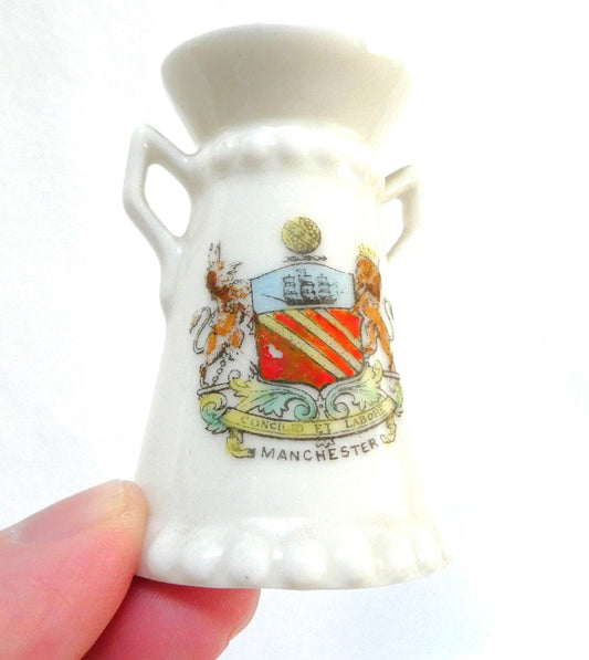 Vintage Miniature Two-Handled Vase or Urn by Gemma of Schnidt & Company: Featuring the Historic Coat of Arms of The City of Manchester
