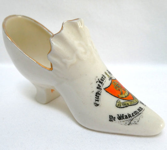 Vintage Miniature Coronet Ware Crested China Porcelain Woman's Shoe Souvenir: Featuring the City of Ripon in North Yorkshire