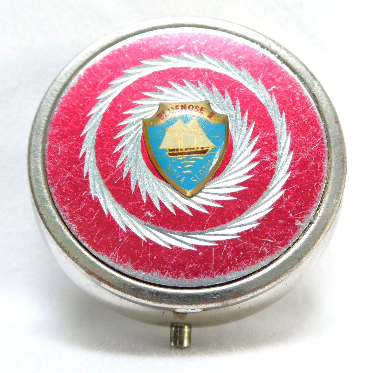 1960's Vintage Canadian Souvenir Silver Metal Pillbox with Hinged Lid and Clasp: Celebrating the Famous Nova Scotia Racing Schooner, THE BLUENOSE II