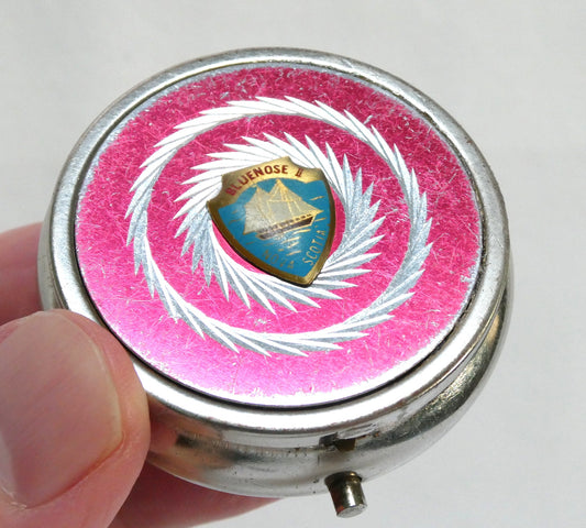 1960's Vintage Canadian Souvenir Silver Metal Pillbox with Hinged Lid and Clasp: Celebrating the Famous Nova Scotia Racing Schooner, THE BLUENOSE II