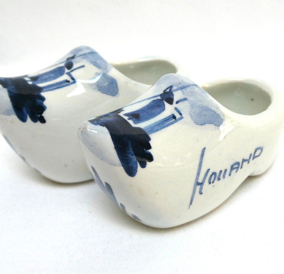 Vintage PAIR of DELFT BLUE Miniature Ceramic Dutch Clogs, Featuring "HOLLAND" and a windmill scene...
