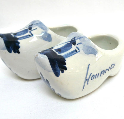 Vintage PAIR of DELFT BLUE Miniature Ceramic Dutch Clogs, Featuring "HOLLAND" and a windmill scene...
