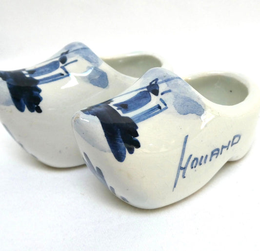 Vintage PAIR of DELFT BLUE Miniature Ceramic Dutch Clogs, Featuring "HOLLAND" and a windmill scene...