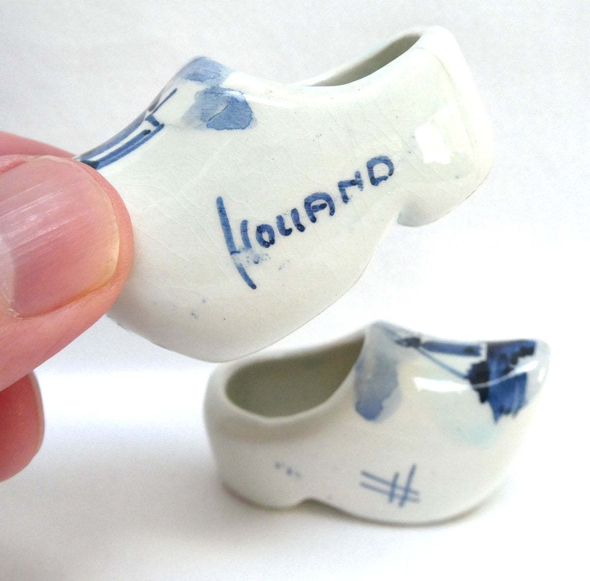 Vintage PAIR of DELFT BLUE Miniature Ceramic Dutch Clogs, Featuring "HOLLAND" and a windmill scene...
