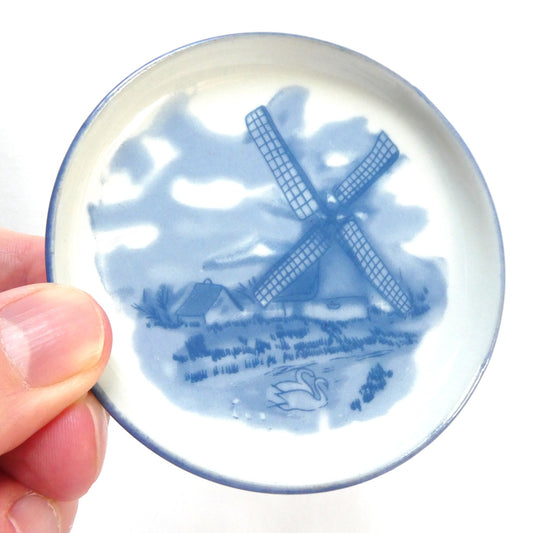 Vintage Dutch Holland Miniature Trinket Tray or Coaster: Featuring a magestic windmill and pair of loving swans...