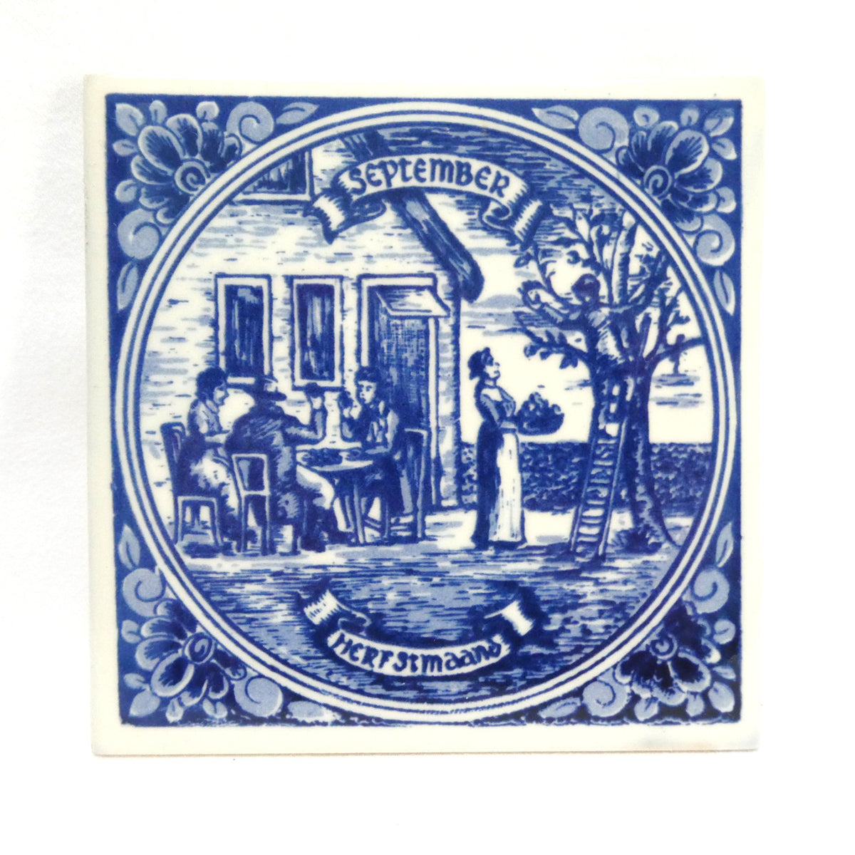 Vintage Delft Blue WALL TILE 4.25-inch Square: Entitled SEPTEMBER - HERFSTMAAND, Made in Holland
