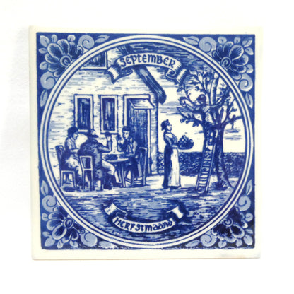 Vintage Delft Blue WALL TILE 4.25-inch Square: Entitled SEPTEMBER - HERFSTMAAND, Made in Holland