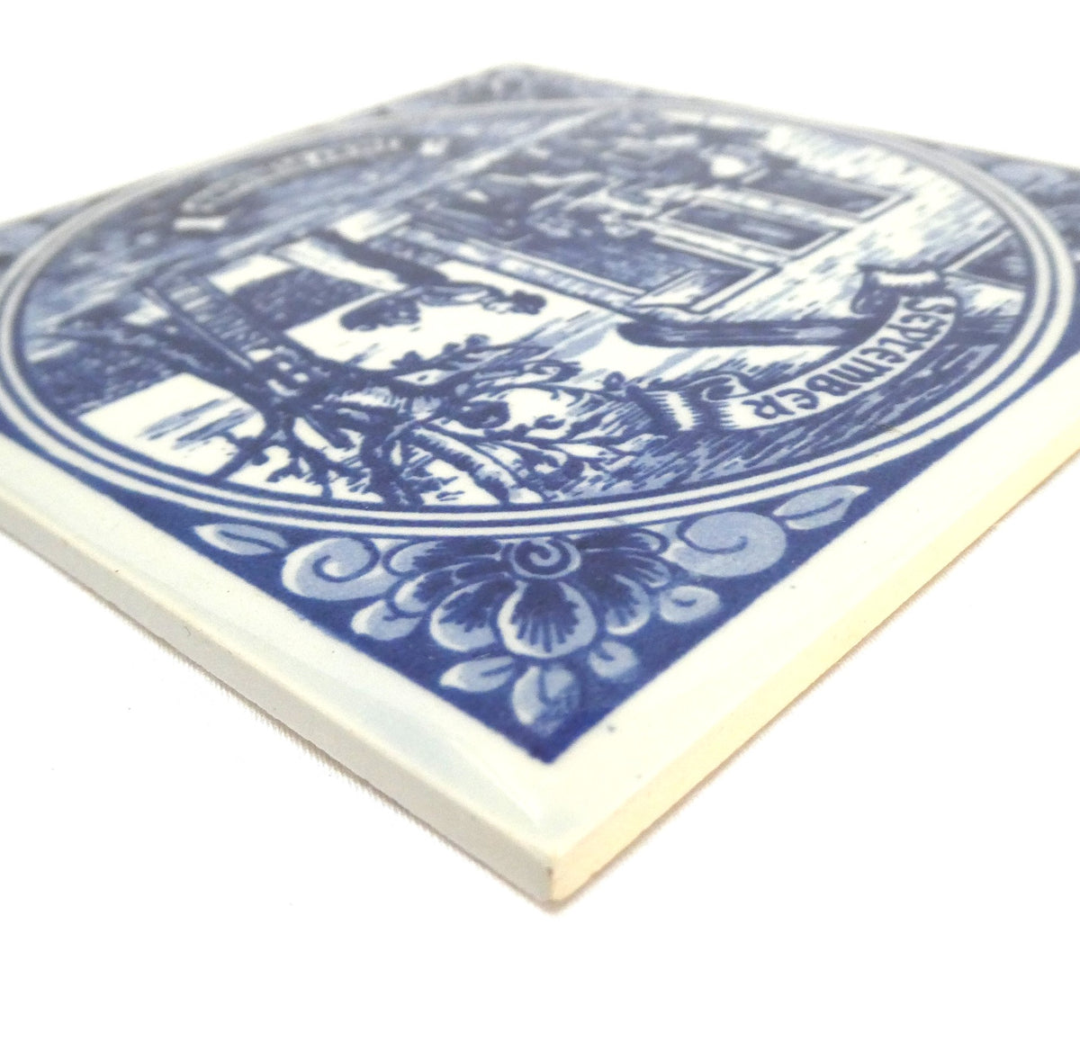 Vintage Delft Blue WALL TILE 4.25-inch Square: Entitled SEPTEMBER - HERFSTMAAND, Made in Holland