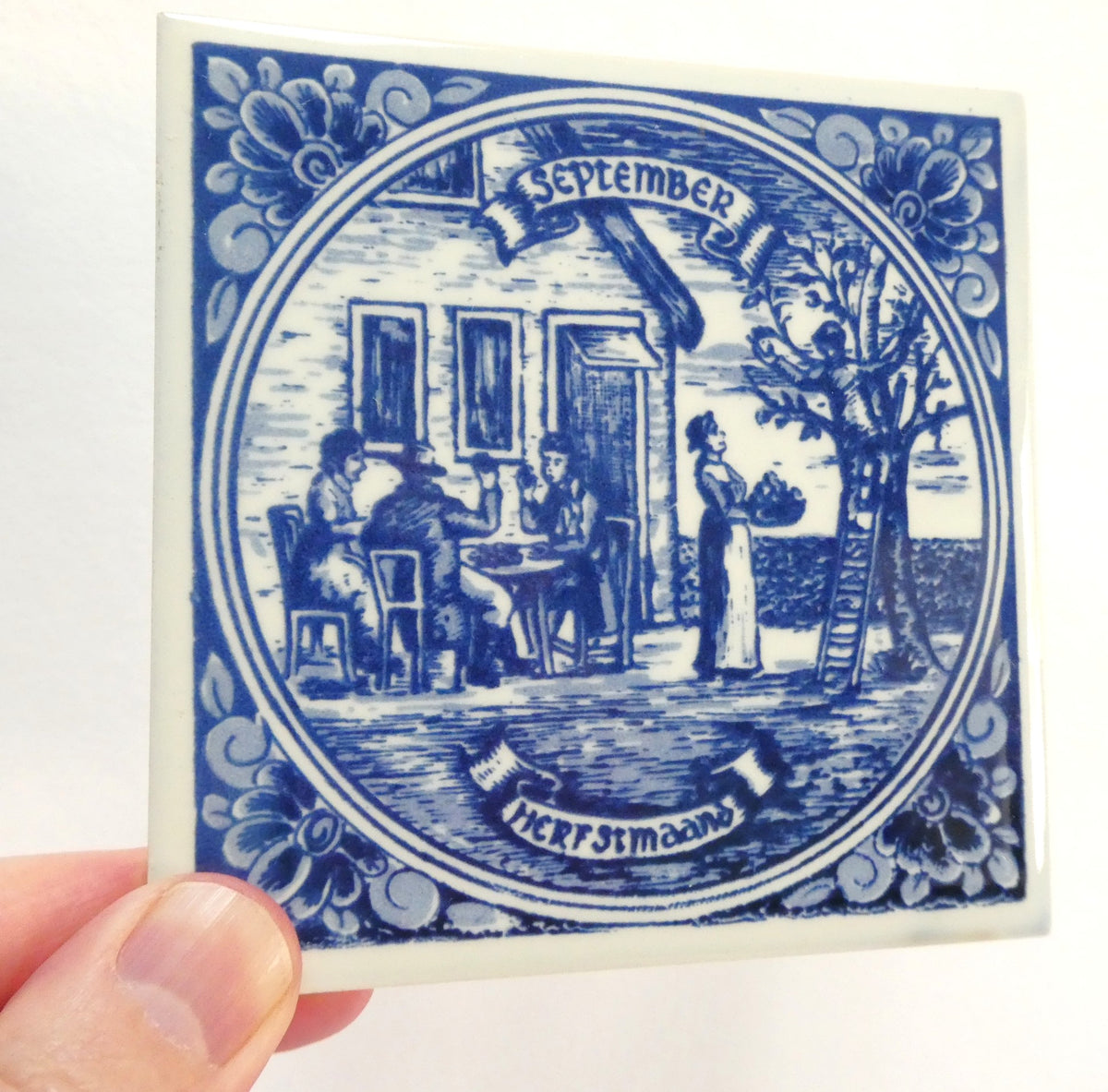 Vintage Delft Blue WALL TILE 4.25-inch Square: Entitled SEPTEMBER - HERFSTMAAND, Made in Holland