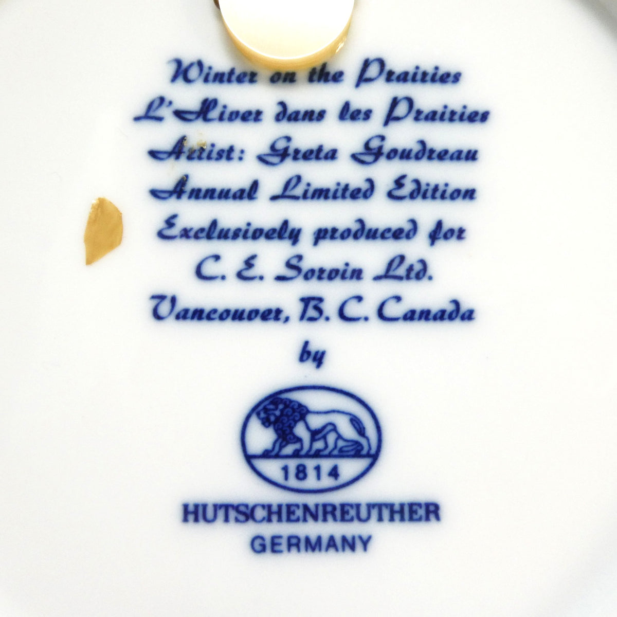 1976 Commemorative Plate Celebrating "Winter on the Prairies" and Featuring the Railway Station in Okotoks, Alberta, Made by Hutschenreuther of Germany