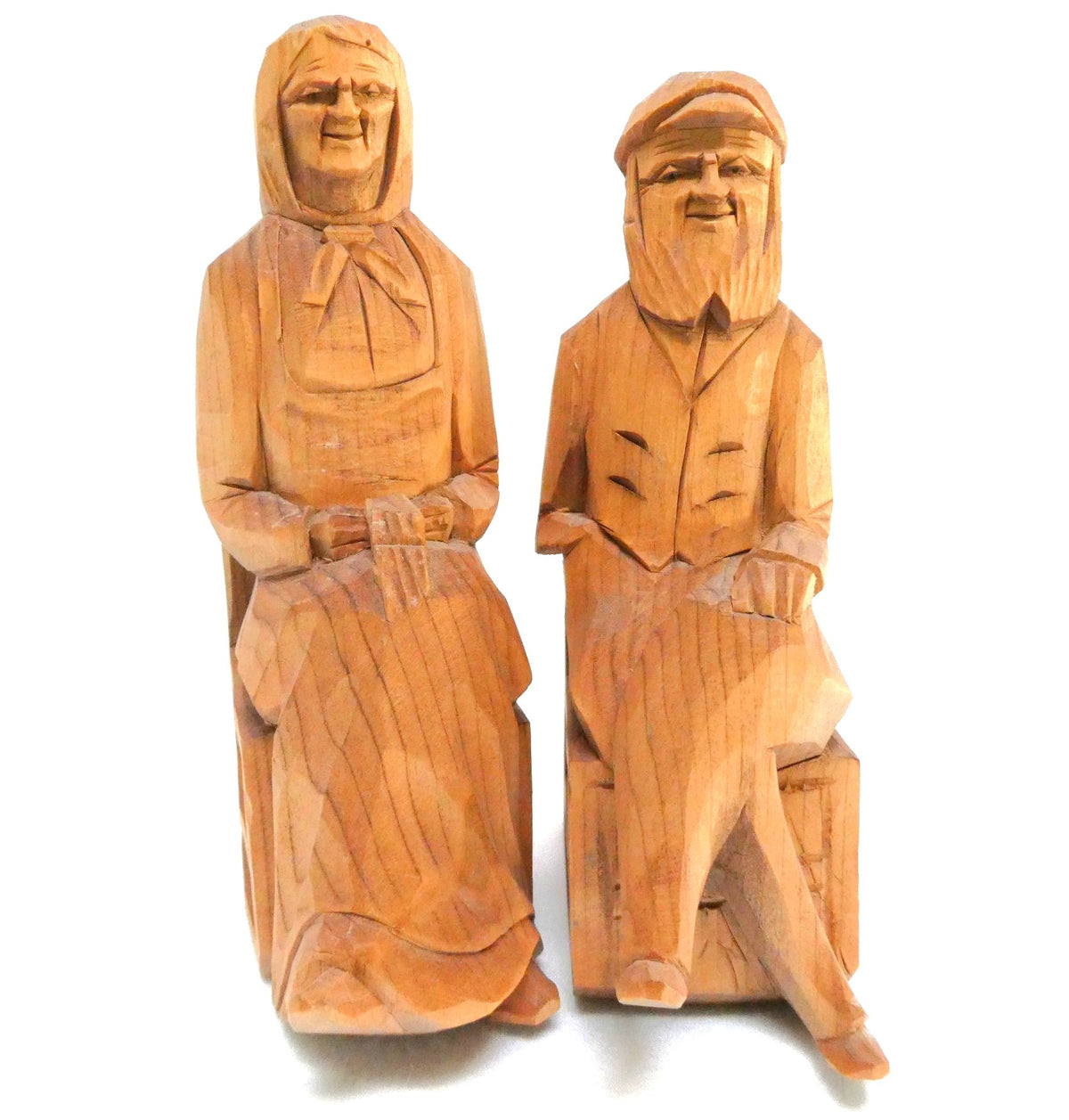Mid-Century Hand-Carved Traditional Quebec Folk Art Wood Carvings: Featuring an Elderly 'Habitant' Couple in their Rocking Chairs