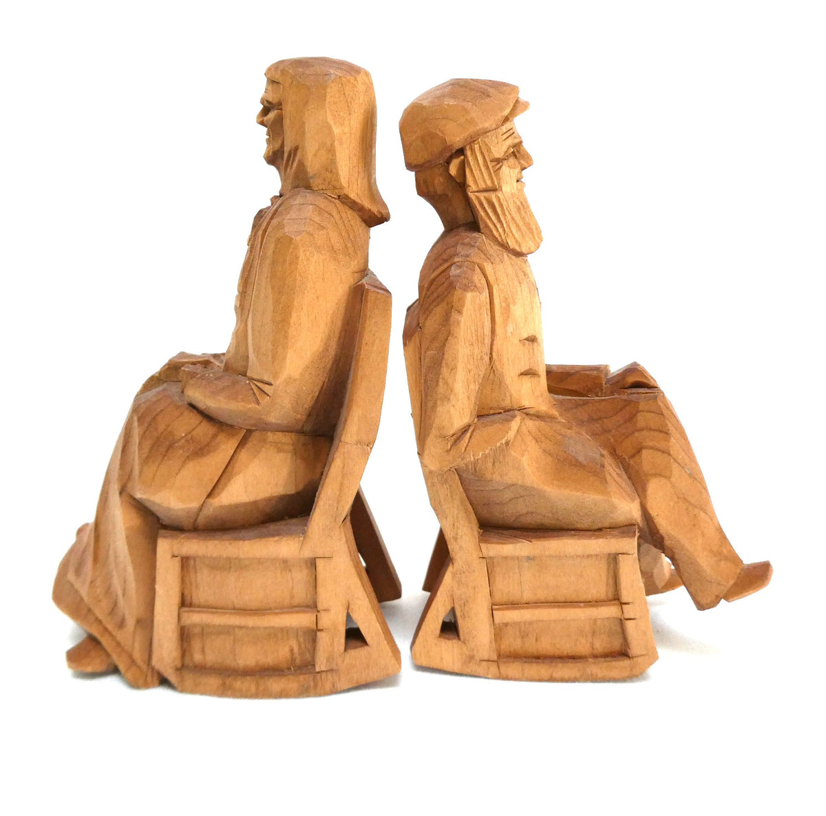 Mid-Century Hand-Carved Traditional Quebec Folk Art Wood Carvings: Featuring an Elderly 'Habitant' Couple in their Rocking Chairs