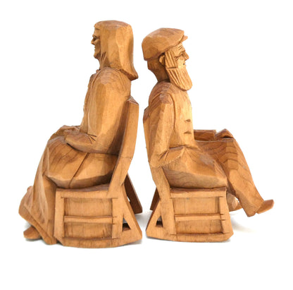 Mid-Century Hand-Carved Traditional Quebec Folk Art Wood Carvings: Featuring an Elderly 'Habitant' Couple in their Rocking Chairs
