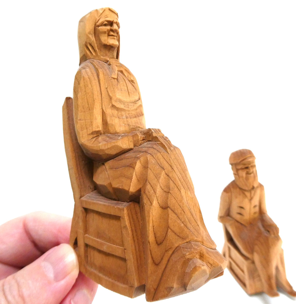 Mid-Century Hand-Carved Traditional Quebec Folk Art Wood Carvings: Featuring an Elderly 'Habitant' Couple in their Rocking Chairs