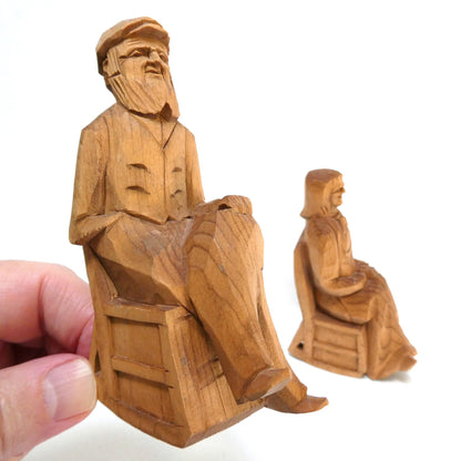 Mid-Century Hand-Carved Traditional Quebec Folk Art Wood Carvings: Featuring an Elderly 'Habitant' Couple in their Rocking Chairs