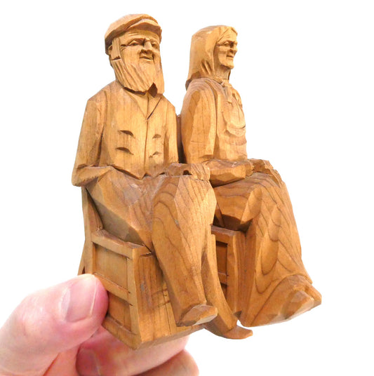 Mid-Century Hand-Carved Traditional Quebec Folk Art Wood Carvings: Featuring an Elderly 'Habitant' Couple in their Rocking Chairs