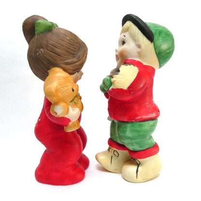 Pair of Vintage 1970's 'Sugarplum' Christmas Holiday Porcelain Pomander Figurines: Featuring Girl in Red PJ's and Boy Carrying Wood