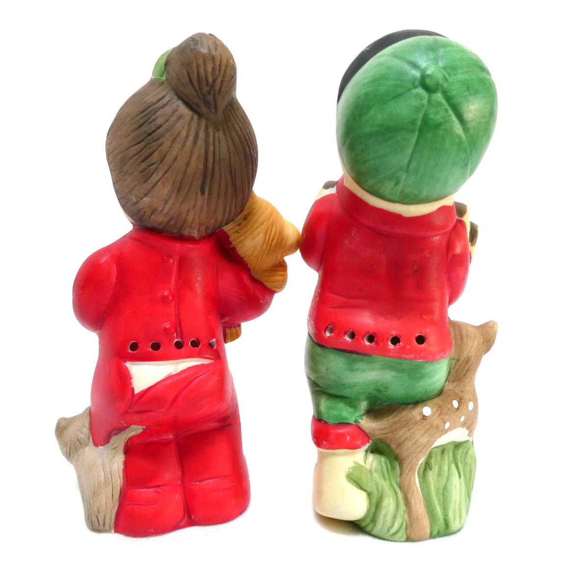 Pair of Vintage 1970's 'Sugarplum' Christmas Holiday Porcelain Pomander Figurines: Featuring Girl in Red PJ's and Boy Carrying Wood